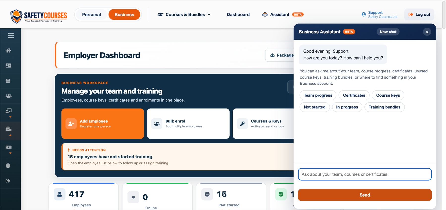 Real Safety Courses Online employer dashboard with Business Assistant open